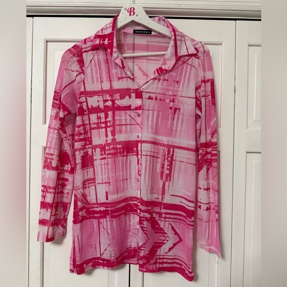 David Cline Pink Snap Button Mesh Top Sheer Rave Size Small